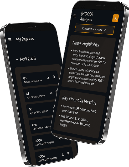 Two phones depicting different report views of Helios Analytics on mobile screens